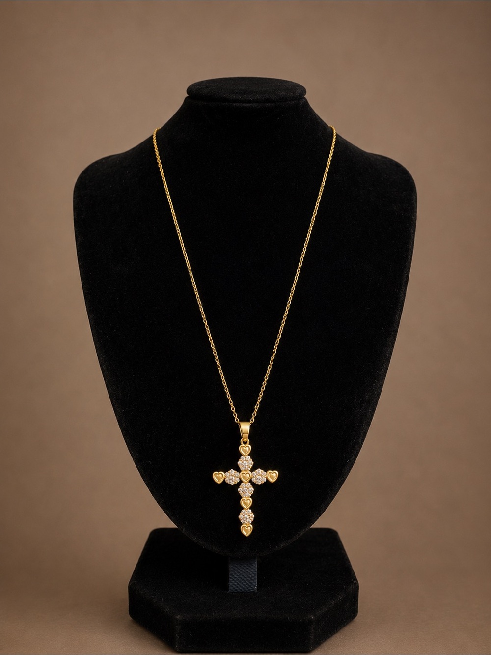 Gold Cross Pendant Necklace with Heart Accents - Women's Jewelry New